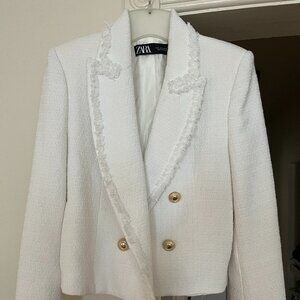 Zara Cropped Women's Blazer White with Gold Buttons Size Small